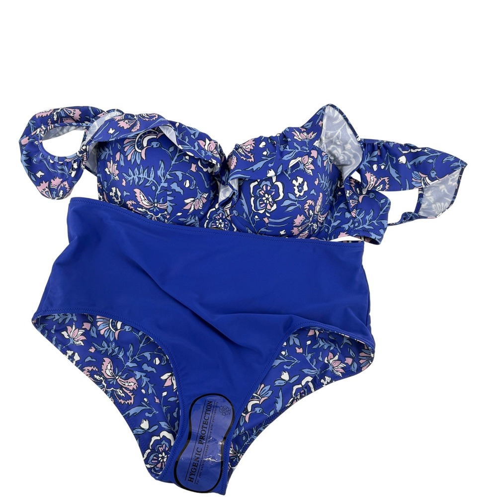 Vineyard Vines Women Blue Floral Ruffle Bikini Set High Waist Ocean Reef M NWT - Picture 4 of 6